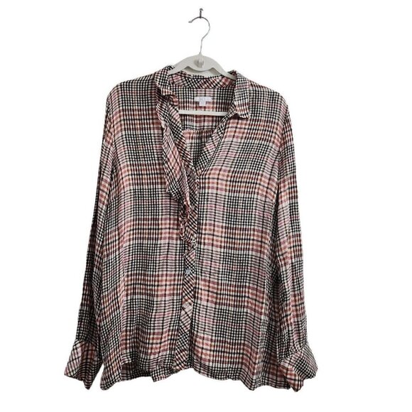 J. Jill Top Large Tall Pink Brown Houndstooth Plaid Ruffled Button Up Blouse‎ - Picture 1 of 13